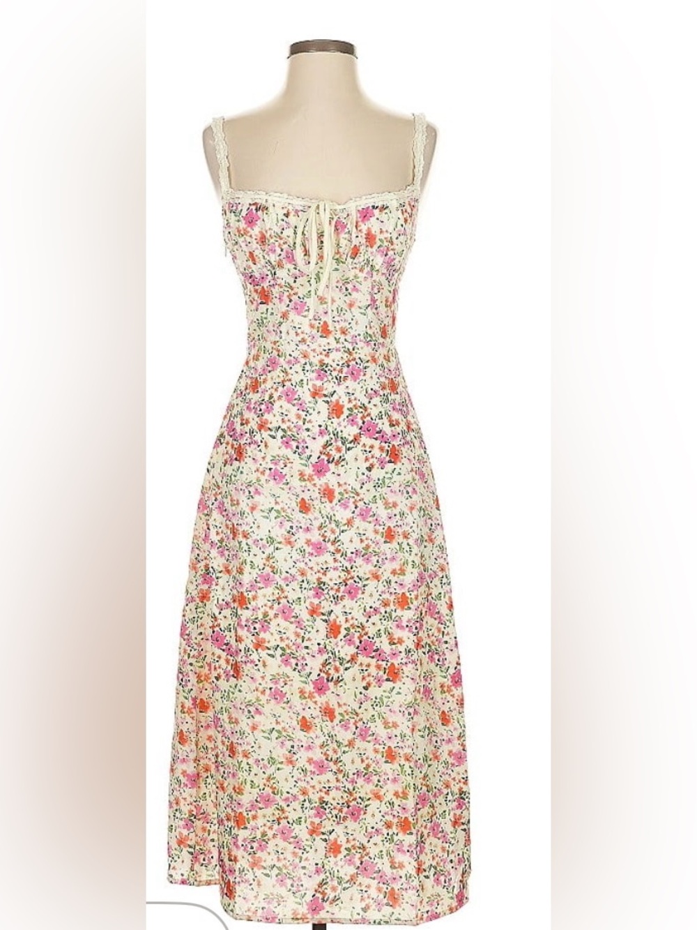Commense Cream Floral Lace-Trim Midi Dress with Pink & Orange Blooms